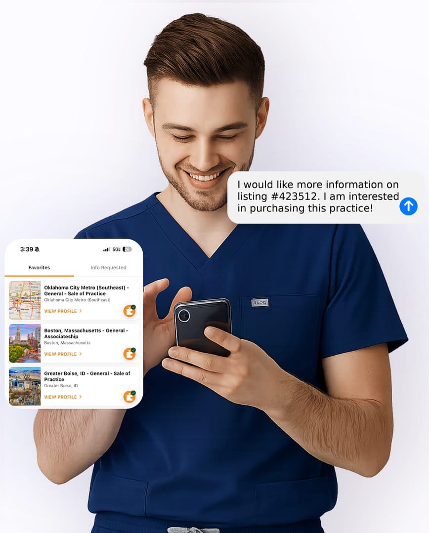 Dentist reviewing a DDSmatch practice listing on a phone app